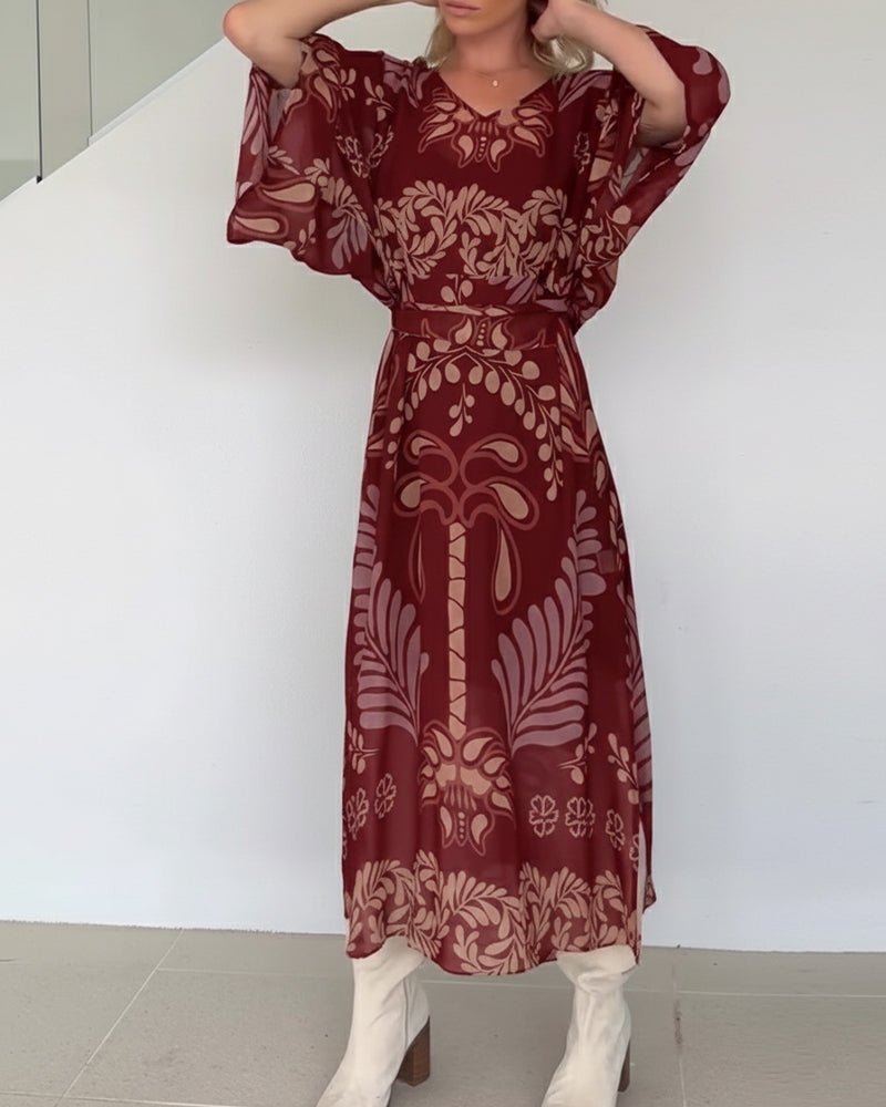 Vestido maxi mujer fluido estampado hojas estilo bohemio