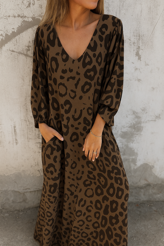 Vestido mujer Estampado animal Escote en V Bolsillos laterales - Mavetta