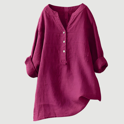 Blusa Mujer Poliéster Cuello Henley Manga Larga Bajo Asimétrico