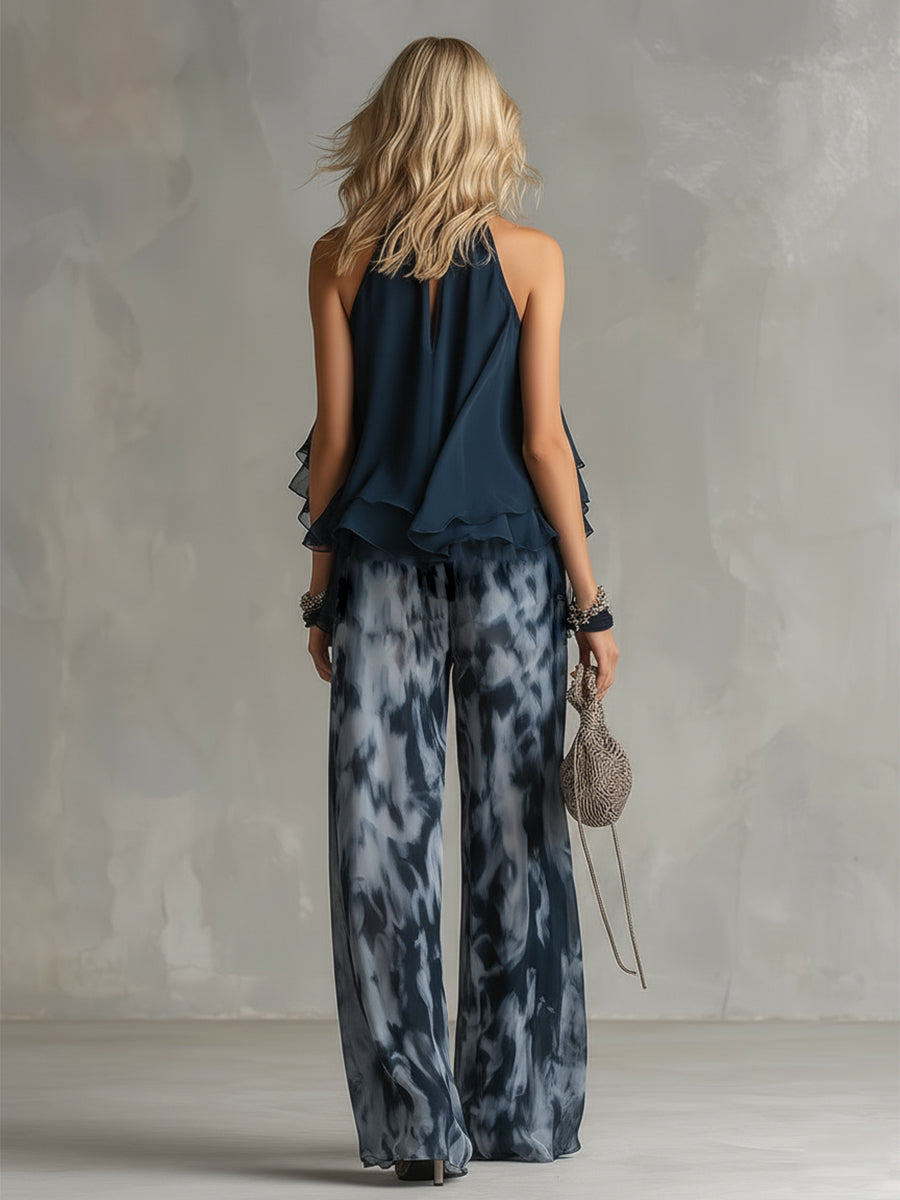 Conjunto Mujer de Chifón Halter Volantes Pantalón Ancho