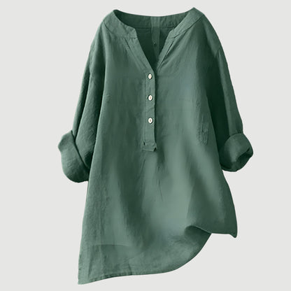 Blusa Mujer Poliéster Cuello Henley Manga Larga Bajo Asimétrico