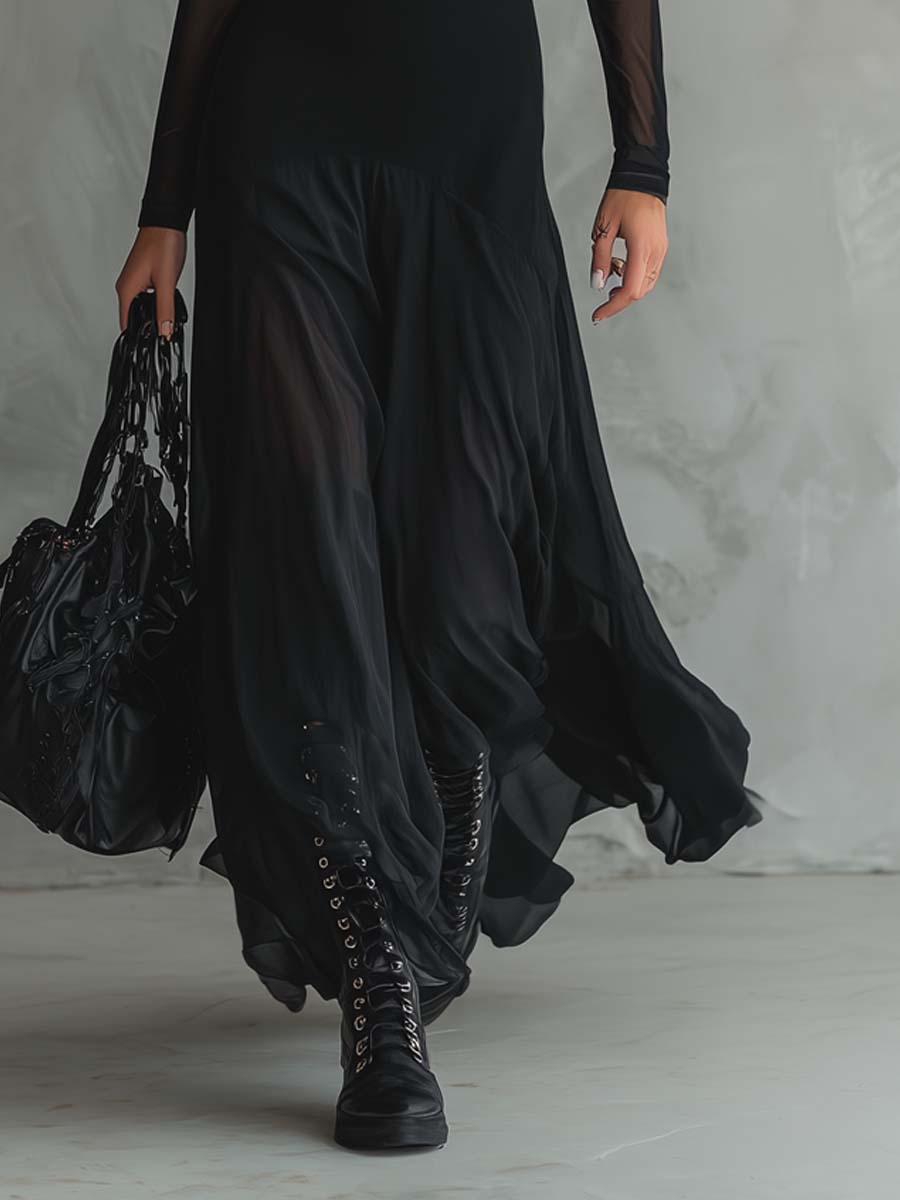 Vestido Maxi Mujer Gasa Mangas Transparentes Ajuste Elegante