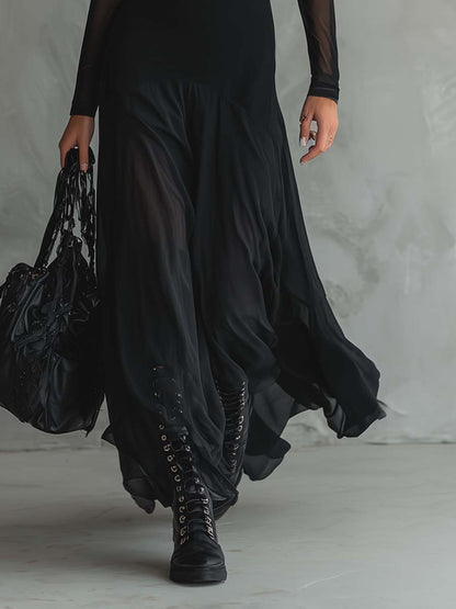 Vestido Maxi Mujer Gasa Mangas Transparentes Ajuste Elegante