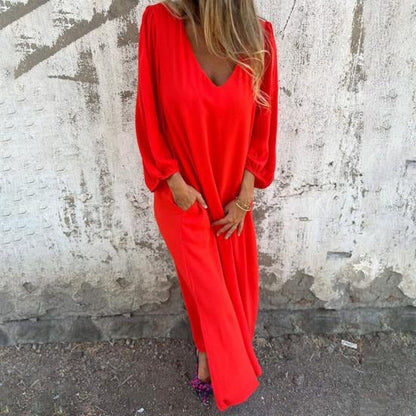 Vestido largo Mujer fluido escote en V mangas abullonadas
