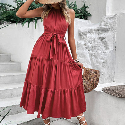 Vestido Largo Mujer Casual Sin Mangas Lazo Ajuste Primavera Verano