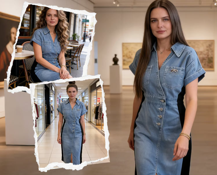 Vestido Mujer Denim Patchwork Ajuste Estilizador Paneles Laterales