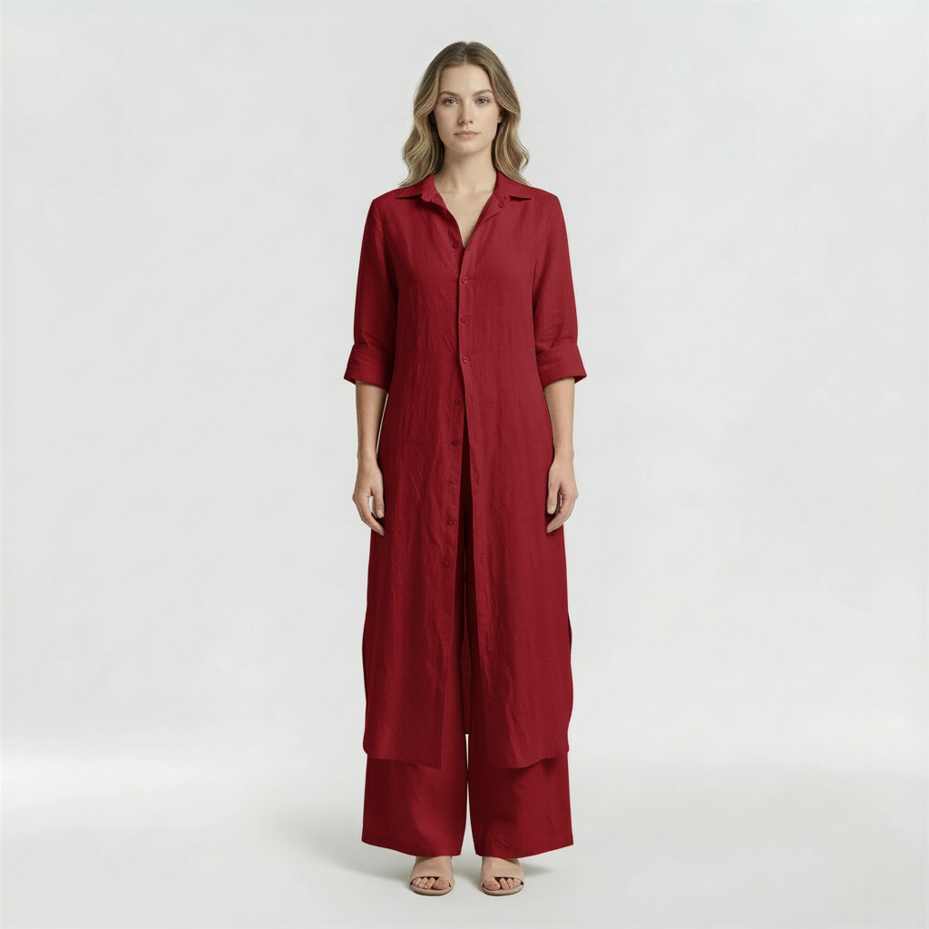 Conjunto Mujer Camisa Larga y Pantalón Pata Ancha Mezcla Lino