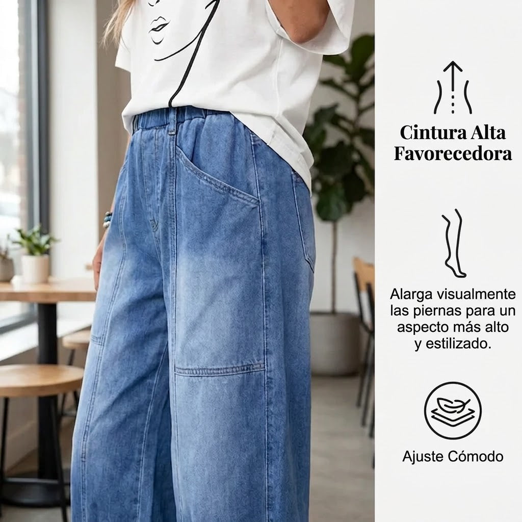 Pantalones Vaqueros Mujer Cintura Elástica Corte Cropped Holgado