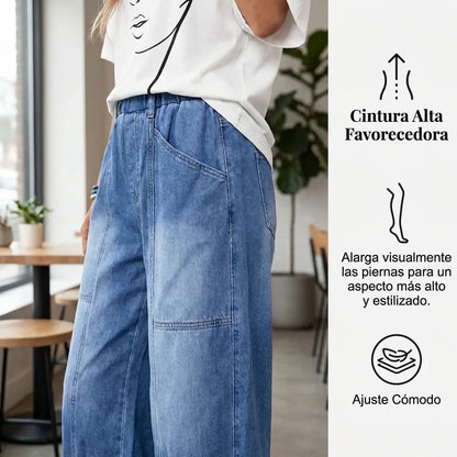 Pantalones Vaqueros Mujer Cintura Elástica Corte Cropped Holgado