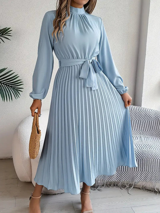 Vestido plisado Mujer manga larga con cinturón ajustable - Mavetta