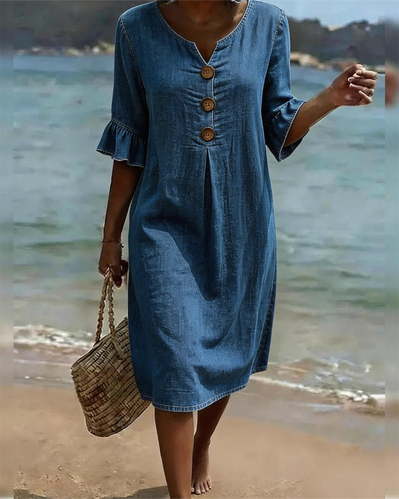 Vestido Mujer Denim Corte Fluido Manga Acampanada - Mavetta