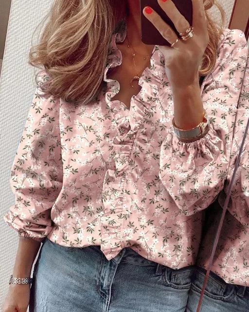 Blusa Mujer con Volantes Escote en V Manga Larga