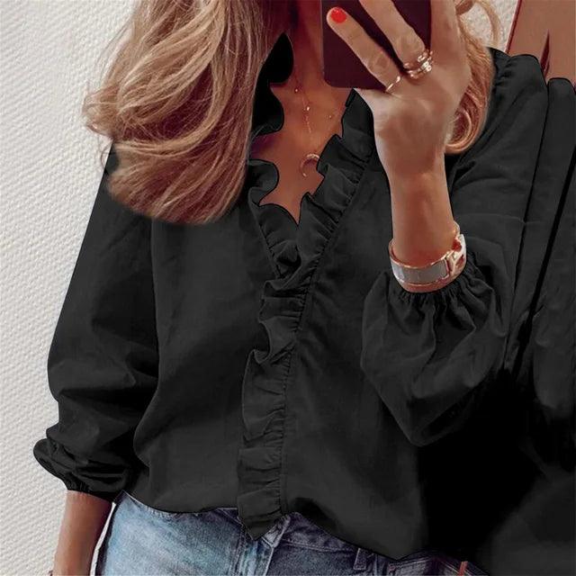 Blusa Mujer con Volantes Escote en V Manga Larga