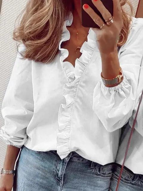 Blusa Mujer con Volantes Escote en V Manga Larga