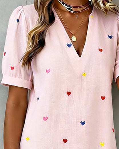 Vestido corto mujer algodón lino escote en V manga abullonada