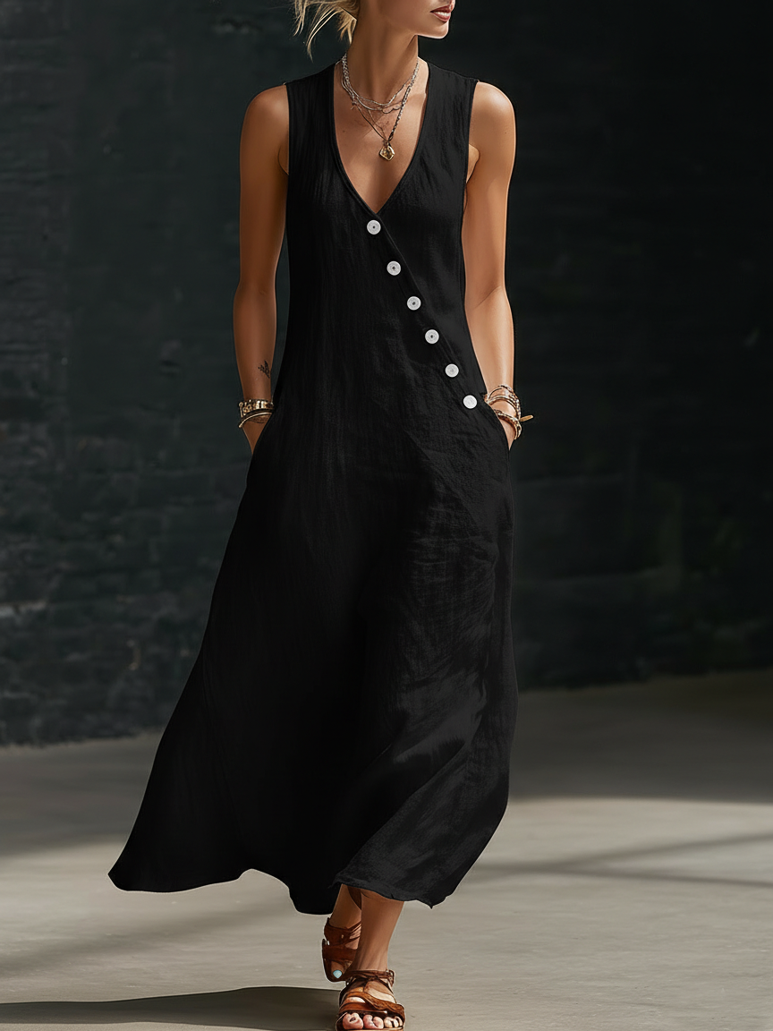 Vestido Maxi Mujer Fluido Minimalista con Botones