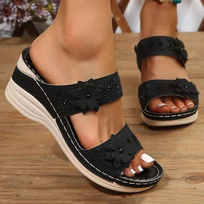Sandalias Mujer con Cuña y Tiras Florales Transpirables