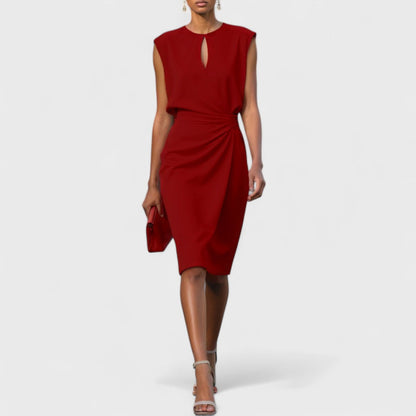 Vestido Midi Mujer Cruzado con Pliegues y Cuello Redondo