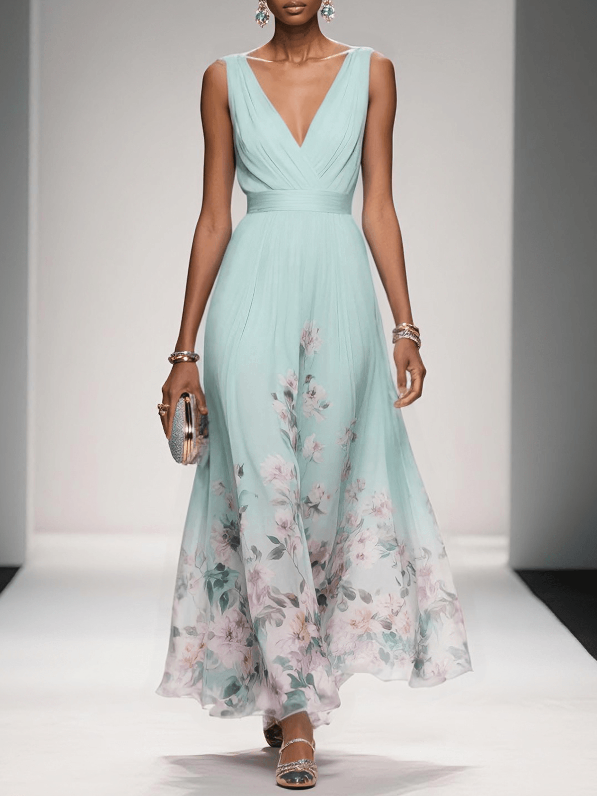 Vestido maxi mujer de tejido ligero escote en V