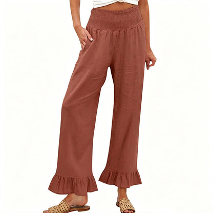 Pantalón mujer algodón y lino ancho tiro alto volante boho