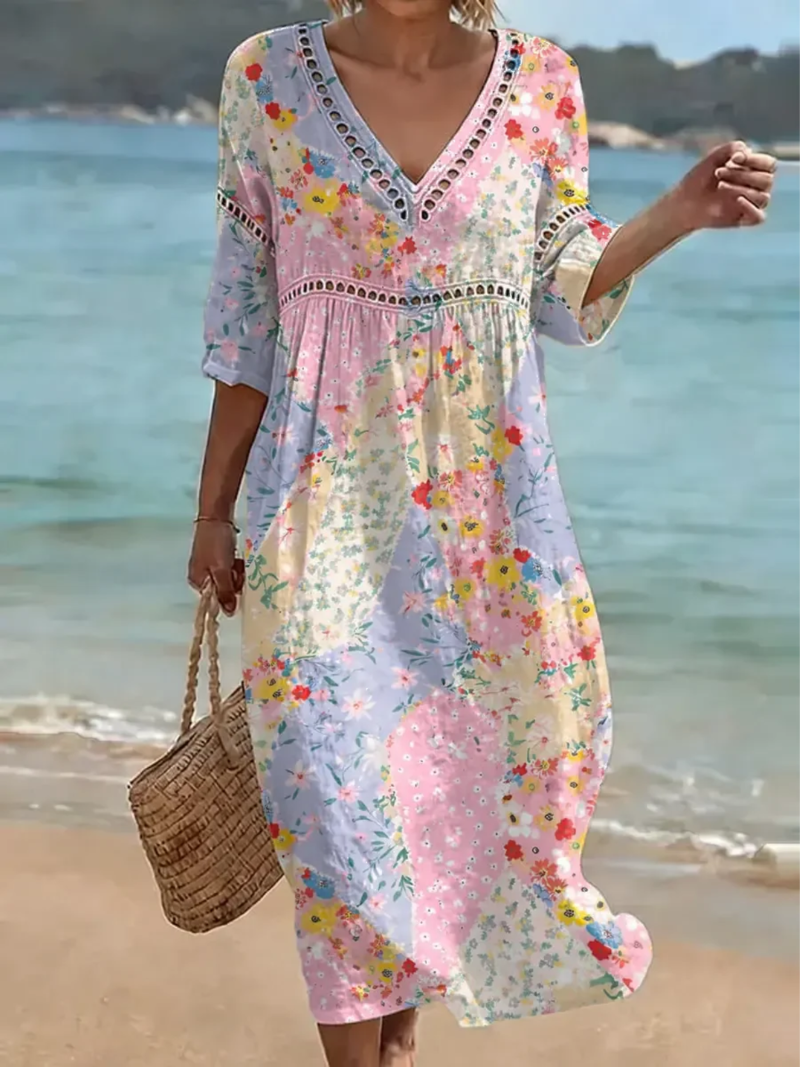 Vestido Mujer Fluido Patchwork Floral Escote en V Playa - Mavetta