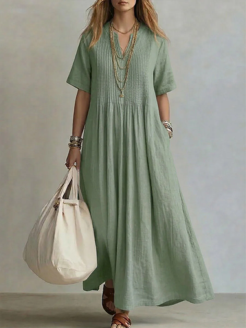 Vestido Maxi Mujer de Algodón Corte Fluido Escote en V
