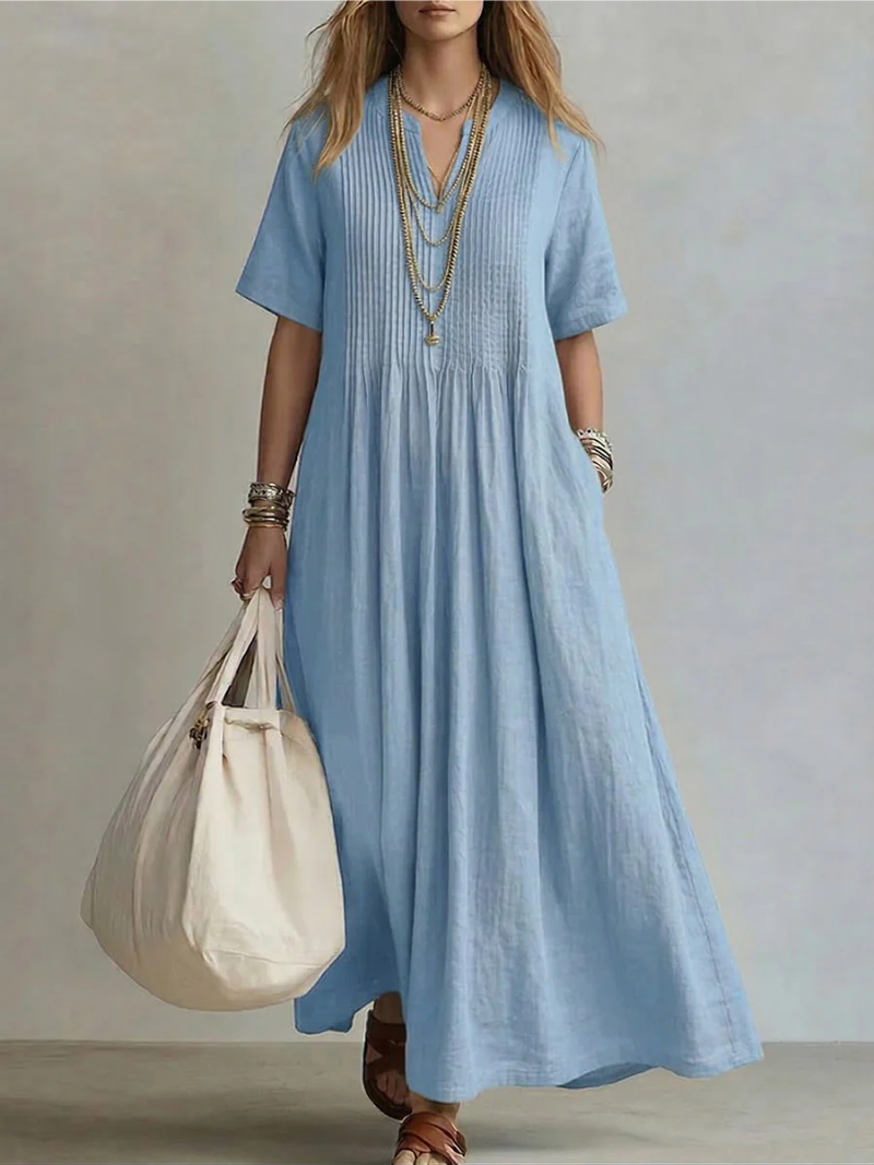 Vestido Maxi Mujer de Algodón Corte Fluido Escote en V