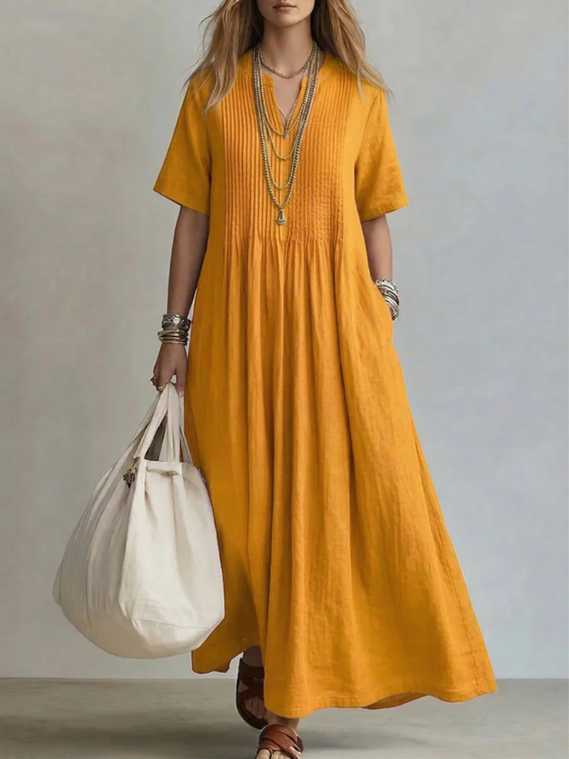 Vestido Maxi Mujer de Algodón Corte Fluido Escote en V
