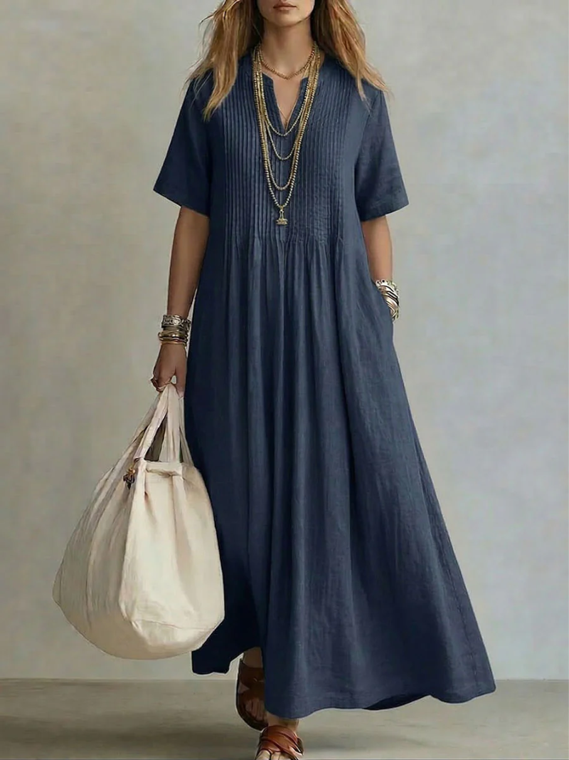 Vestido Maxi Mujer de Algodón Corte Fluido Escote en V
