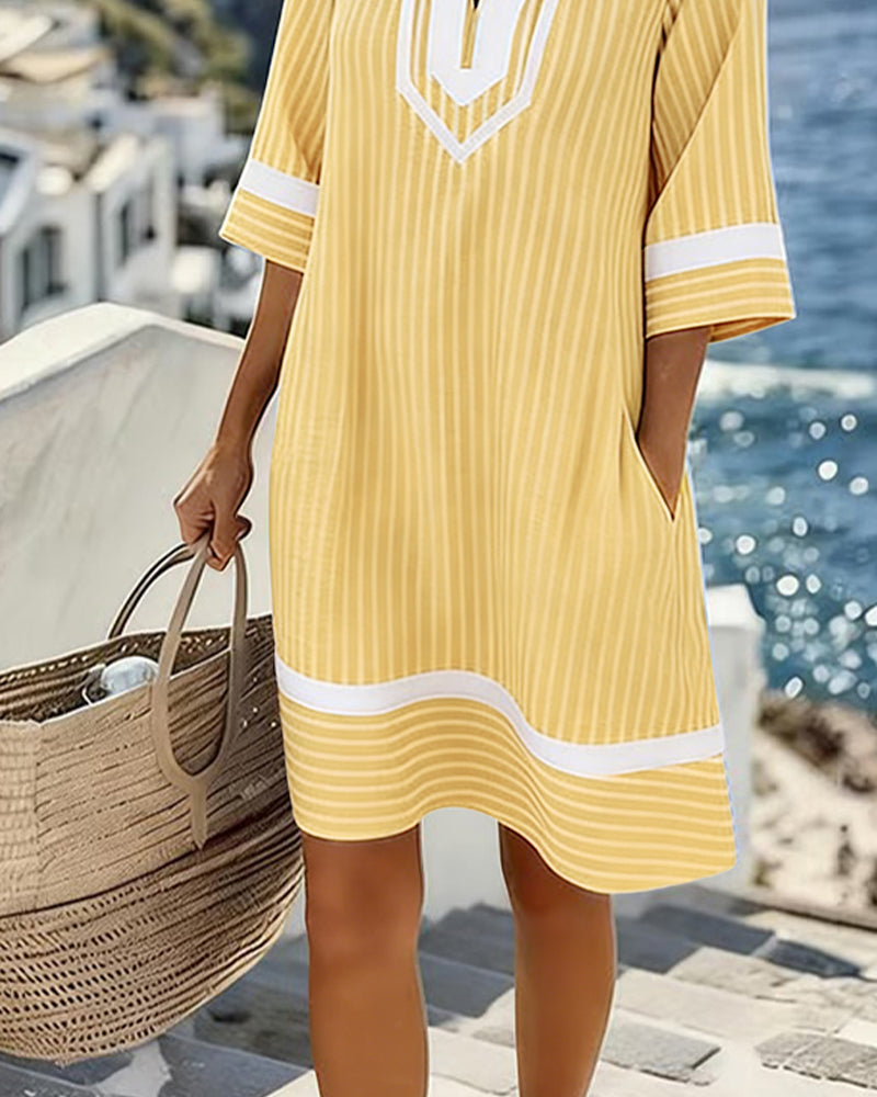 Vestido Mujer Rayas Cuello en V Estilo Casual Veraniego