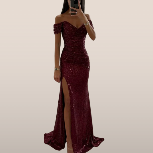 Vestido maxi Mujer de Lentejuelas Escote off-shoulder Abertura alta