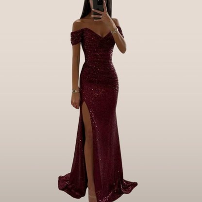 Vestido maxi Mujer de Lentejuelas Escote off-shoulder Abertura alta