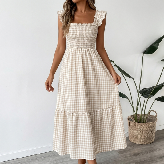 Vestido maxi Mujer de Cuadros Escote Cuadrado - Mavetta
