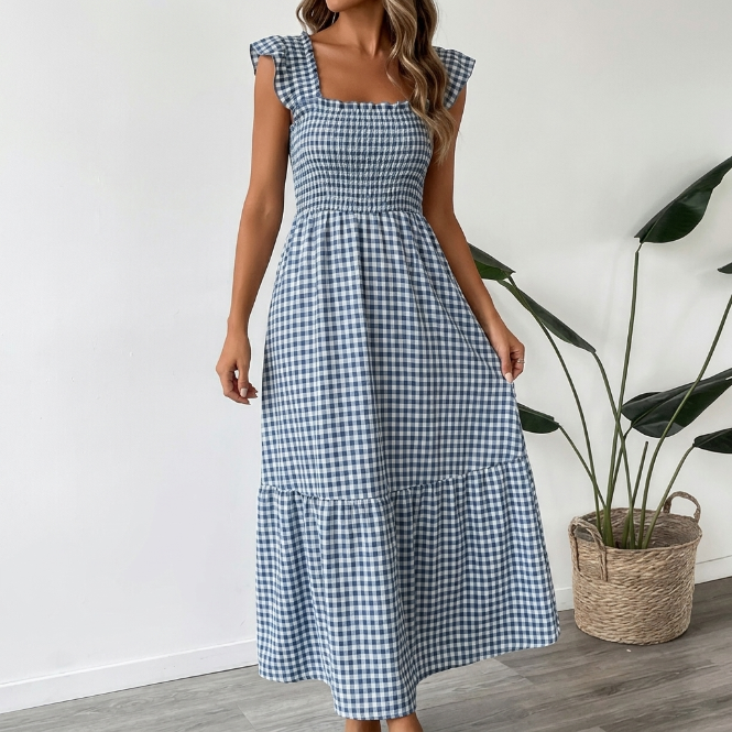 Vestido maxi Mujer de Cuadros Escote Cuadrado