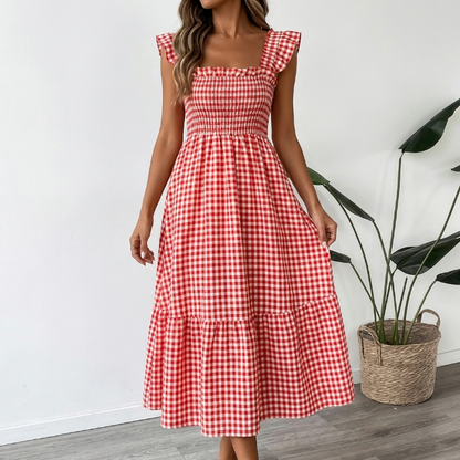 Vestido maxi Mujer de Cuadros Escote Cuadrado
