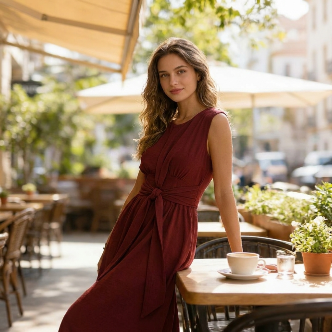 Vestido elegante mujer sin mangas cintura ajustable