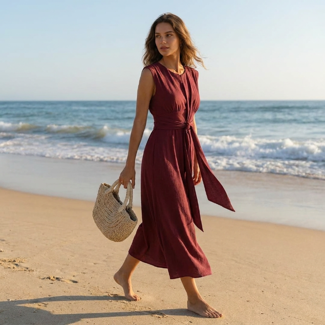 Vestido elegante mujer sin mangas cintura ajustable