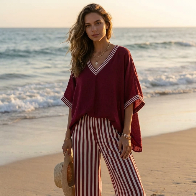 Conjunto Mujer de Rayas Ajuste Casual Elegante