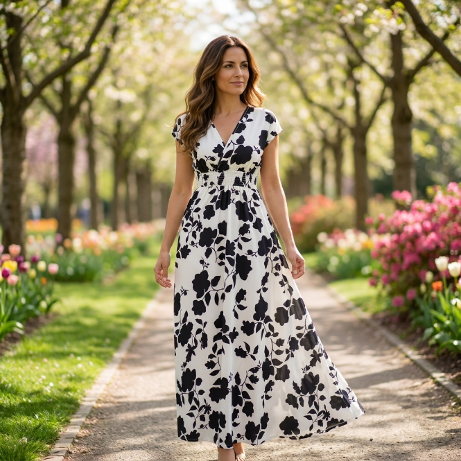 Vestido largo Mujer de Tela Floral Escote en V
