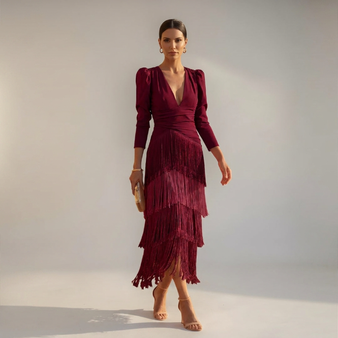 Vestido Mujer con Flecos Estilo Elegante