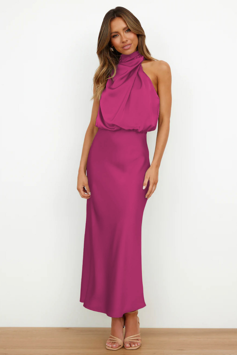 Vestido Noche Mujer con Hombros Descubiertos y Cuello Alto