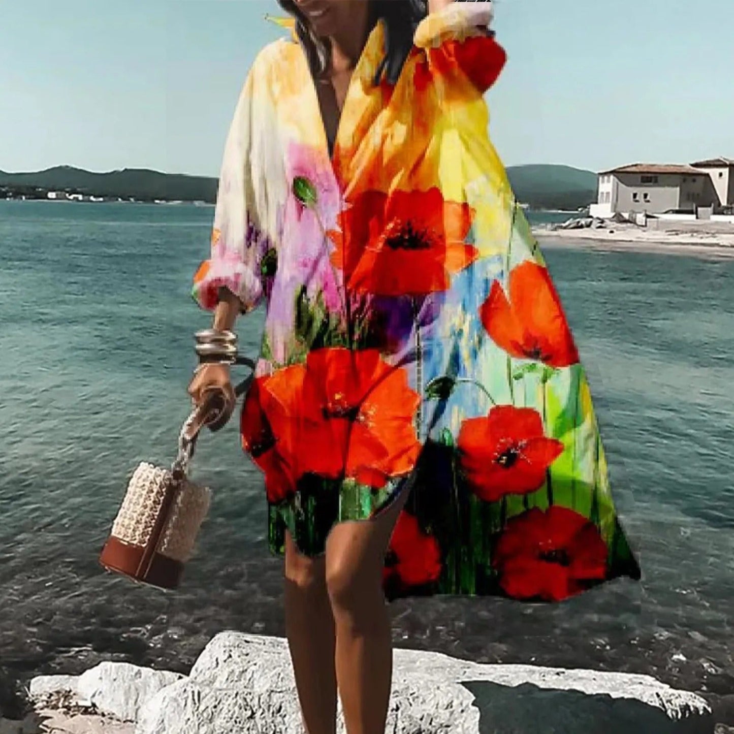 Vestido Camisero Mujer Estampado Manga Larga