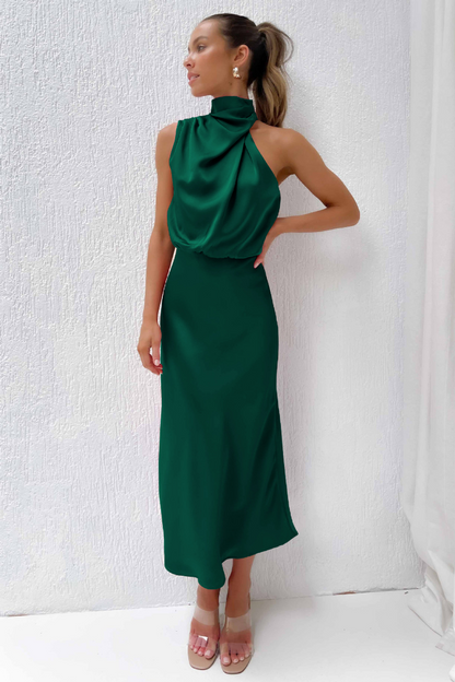 Vestido Noche Mujer con Hombros Descubiertos y Cuello Alto