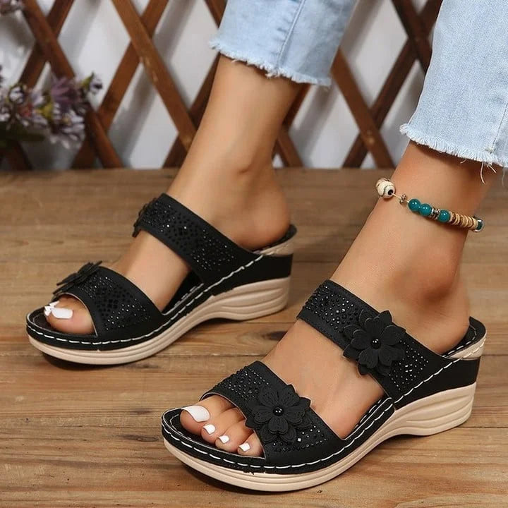 Sandalias Mujer con Cuña y Tiras Florales Transpirables