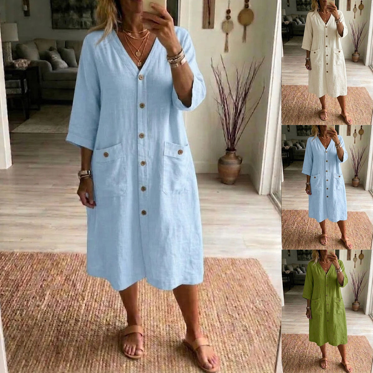 Vestido midi mujer Algodón lino con botones estilo casual - Mavetta