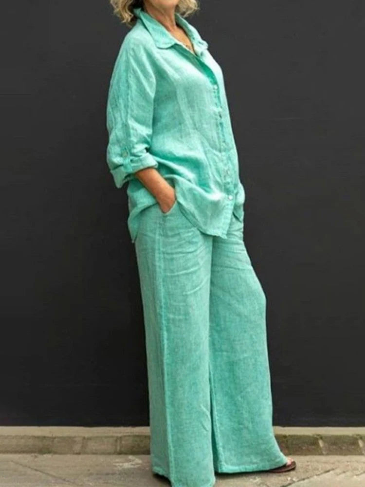 Conjunto Mujer Camisa y Pantalón Ancho Comodo