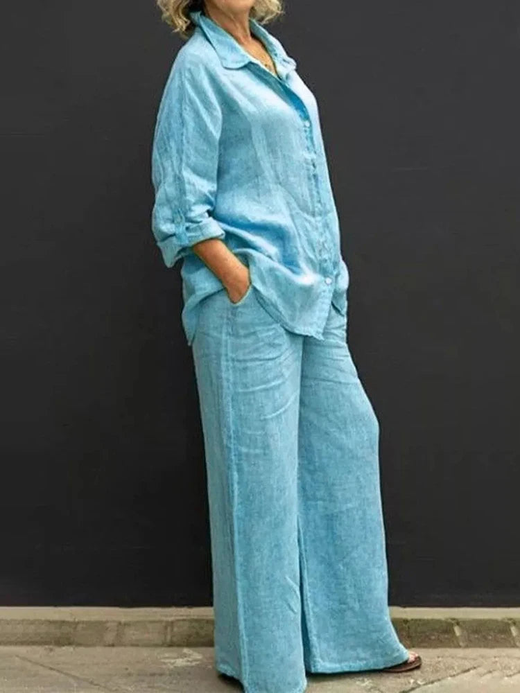 Conjunto Mujer Camisa y Pantalón Ancho Comodo
