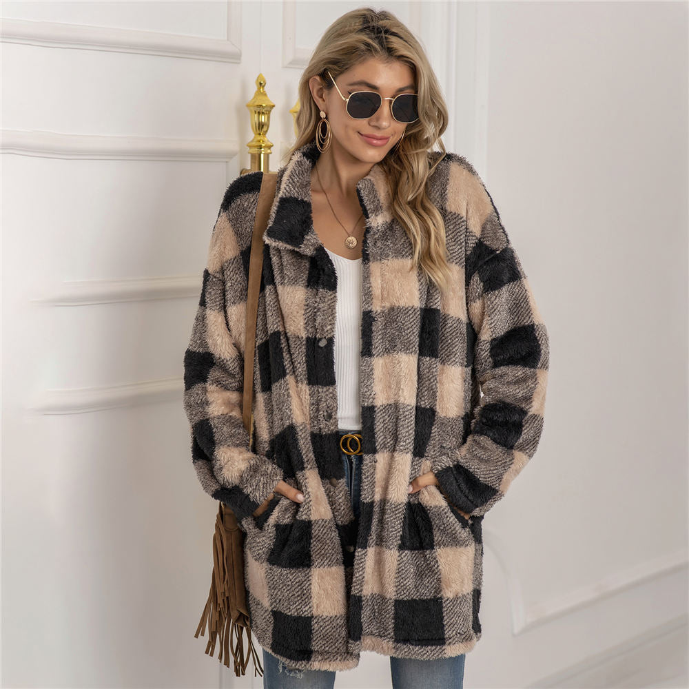 Chaqueta Mujer Estilo Cuadros Forro Polar