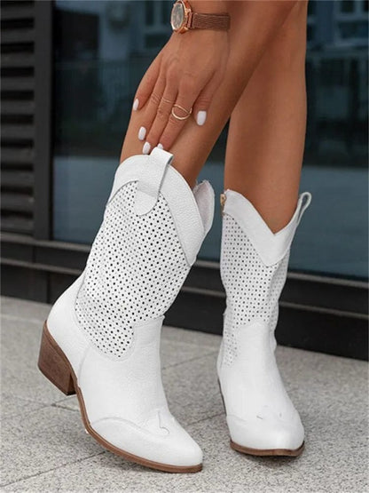 Botas Mujer Ortopédicas Caña Media Diseño Perforado Tacón Cómodo