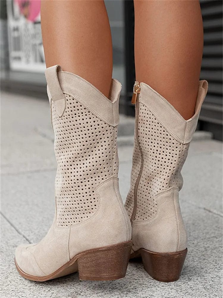 Botas Mujer Ortopédicas Caña Media Diseño Perforado Tacón Cómodo